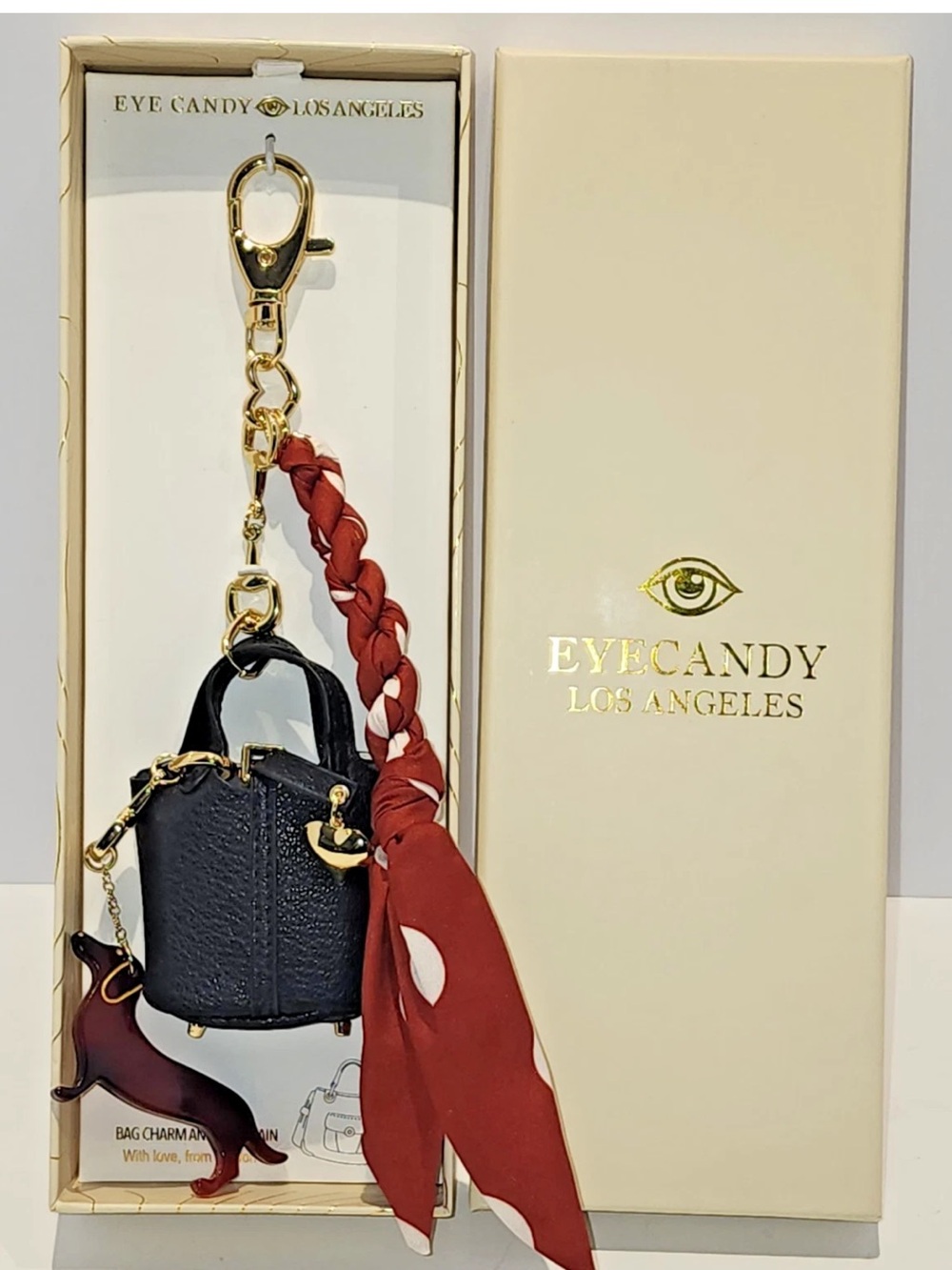 NIB Eye Candy LA Bag Charm Trio Dachshund Dog Mini Purse Scarf